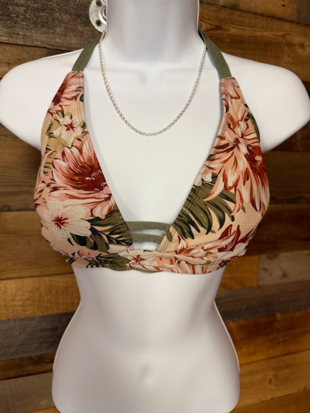 Lona Sol Bikini Set S Bottoms L Top Olive Floral Tie Neck Hawaiian